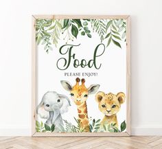 an animal print with the words food please enjoy on it and two giraffes