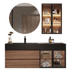 a bathroom vanity with wooden cabinets and mirrors on the wall, along with a round mirror above it