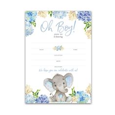 a baby shower card with an elephant and blue flowers on the front, which says oh boy