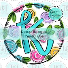 the letter p and w is surrounded by flowers in blue, pink, yellow and green