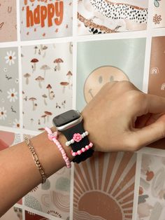 Pink Hawaiian Flower Beaded Watch Charm Set/Apple Watch halo Charms/Trendy Watch accessories/Smiley face charms/Watch Stackers/Gifts for her Stackable Apple Watch Halo Rings, Apple Watch Band 38mm/40mm, Apple Watch Charm, Apple Watch Series 1-6 band, Apple Watch Accessories When you put the watch charms on your watch, I recommend sliding them up and not stretching them onto your watch. They're made with stretchy string. If you need a slightly larger or smaller size, please message me. Trendy Adjustable Apple Watch Band As Gift, Trendy Adjustable Beaded Apple Watch Band, Casual Apple Watch Band Bracelet Strap As Gift, Casual Apple Watch Band Bracelet For Gift, Casual Apple Watch Band With Bracelet Strap As Gift