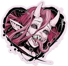 a heart shaped sticker with an image of a woman's face and horns