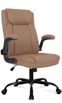 an office chair with black legs and tan leather upholstered on the armrests