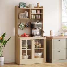 a kitchen area with a coffee maker and shelves