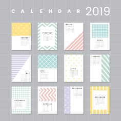 a calendar with different colors and patterns for the year 2019 - 2020, including squares