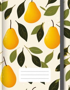 a notebook with pears and leaves on it