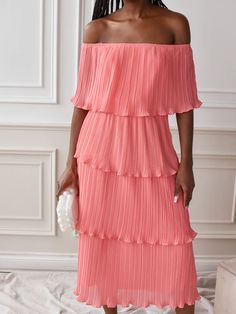 Natasha Pleated Off the Shoulder Coral Midi Church Fits, Silhouette Dress, Coral Fabric, Hair Back, Coral Dress, Statement Earring, Fashion Icons, Pleated Midi Dress, Wedding Guests