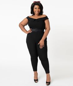 Unique Vintage Plus Size Black Off Shoulder Gillian Jumpsuit Vintage Plus Size, Wardrobe Wishlist, Ballerina Shoes Flats, Black Off Shoulder, Looks Black, Skirt And Blouse, Plus Size Jumpsuit, Gala Dresses, Fitted Trousers