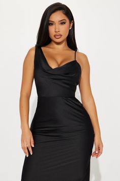 Available In Black. Satin Gown Sleeveless Cowl Neckline Adjustable Spaghetti Strap Hidden Back Zipper Lined Stretch Self: 100% Polyester Lining: 100% Polyester Imported | Adore Satin Gown Dress in Black size XS by Fashion Nova Glamorous Sleeveless Satin Bodycon Dress, Satin Cami Mini Dress For Night Out, Satin Cami Dress For Party, Elegant Sleeveless Cami Dress For Party, Fitted Slip Dress With Asymmetrical Neckline For Night Out, Satin Cami Mini Dress For Party, Black Cami Dress For Night Out, Party Satin Cami Mini Dress, Flirty Sleeveless Slip Dress For Night Out