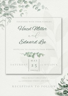 a wedding card with greenery on it