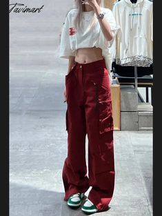 Tavimart Women Bottoms Red Vintage Baggy Cargo Pants Fashion Pocket High Waist Straight Pants High Street Wide Leg Trouser Ladies Summer Baggy Cargo Pants, Straight Pants, Cargo Pants, Fashion Pants, Summer Women, Womens Bottoms, Wide Leg, Zipper, Trousers