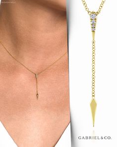 A simple Y knot necklace with a sweet touch of 0.03ct diamonds in the center. The lariat design drops down to a polished 14k yellow gold spike pendant. Layer this lariat necklace with other styles or wear it alone for a delicate minimalist look. NK5434Y45JJ #GabrielNY #DiamondJewelry #FineJewelry #GabrielAndCo #UniqueJewelry #FineJewelry#FashionJewelry#UniqueJewelry#GiftIdeas#UniqueGifts#DiamondJewelry#Jewelry  #Necklace#YellowGoldFashionNecklace#YellowGoldNecklace#GoldNecklace#FashionNecklace Formal Dangle Drop Necklace In Fine Jewelry Style, Formal Fine Jewelry Dangle Drop Necklace, Formal Drop Dangle Necklace In Fine Jewelry Style, Formal Fine Jewelry Necklace With Detachable Pendant, Timeless Diamond Necklace With Detachable Pendant, Modern Drop Necklace For Formal Occasions, Formal Long Drop Necklaces In Fine Jewelry Style, Luxury Formal Dangle Necklaces, Fine Jewelry Long Drop White Gold Necklace