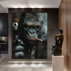 Gorilla gangster. Wall Art Canvas or Poster paper for you. High Quality * High Quality Cotton Canvas 380 gsm * Real pine wood frame * Water-resistant * Printing waterproof ink * Ready to hang * Tight stretched and folded corners by hand * Poster (FRAME NOT INCLUDED) Stretched canvas on wood frame and ready to hang We print paintings and posters on high-quality materials and durable inks that do not fade. Made to Order: All our items Made to order. So please double check to make sure your order s Manly House Decor, Manly House, Basement Art, Hand Poster, Bat Joker, Vintage Upcycle, Lab Ideas, Gorillas Art, Carved Wood Wall Art