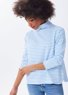 The Mock Neck Sweatshirt - Striped Athleisure High Neck Tops With Ribbed Cuffs, Spring Turtleneck Top With Ribbed Cuffs, Relaxed Fit High Neck Top With Ribbed Cuffs, High Neck Top With Ribbed Cuffs In Relaxed Fit, High Neck Top With Ribbed Cuffs And Relaxed Fit, Striped Stretch Turtleneck Top, Relaxed Fit Tops With Ribbed Funnel Neck, Athleisure Funnel Neck Top With Ribbed Collar, Athleisure Top With Funnel Neck And Ribbed Collar