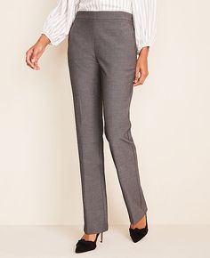 Elevate your office wardrobe with the Ann Taylor Side Zip Straight Pant in Bi-Stretch, a perfect blend of style and comfort. These pants are designed to keep you looking polished from morning meetings to evening engagements.

- **Size:** 8
- **Color:** Dark Grey
- **Material:** 66% Polyester, 28% Rayon, 6% Spandex
- **Fit:** Regular fit, lean through the hip and thigh
- **Length:** Full length
- **Rise:** High rise
- **Leg Shape:** Straight, offering a leg-skimming shape with a full-length hem f Pull-on 4-way Stretch Dress Pants For Work, Elegant Comfort Stretch Pants For Business Casual, Elegant Business Casual Comfort Stretch Pants, Elegant Straight Dress Pants In Elastane, Elegant Stretch Dress Pants Straight Fit, Elegant Stretch Straight Dress Pants, Elegant Straight Stretch Dress Pants, Sleek Fitted Straight Bottoms, Elegant Comfort Stretch Bottoms For Business Casual