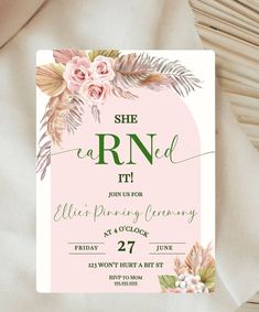 a pink and green bridal party card with flowers on the front, surrounded by greenery