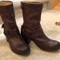 Stunning!! Like New! Frye Brown Leather Mid Calf Boots With Back Zippers Buckle Details Stack Heels Leather Mid Calf Boots, Frye Shoes, Brown Leather Boots, Calf Boots, Mid Calf Boots, Moto Boots, Stacked Heel, Mid Calf, Leather Boots