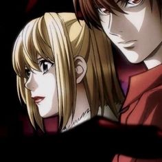 two anime characters standing next to each other in front of a black background with red and yellow lights