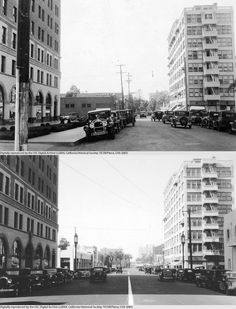 two black and white pictures of cars parked in front of buildings on the same street