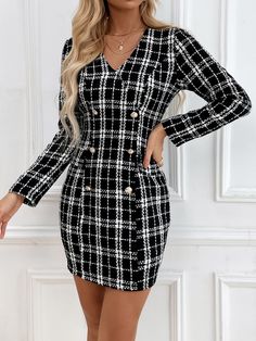 Black and White Elegant  Long Sleeve Tweed Plaid Bodycon Embellished Non-Stretch Fall/Winter Women Dresses Short Pencil Dress, Yellow Floral Print Dress, Africa Dress, Ditsy Floral Dress, Uniform Dress, Red Velvet Dress, White Long Sleeve Dress, Shein Dress, Green Mini Dress