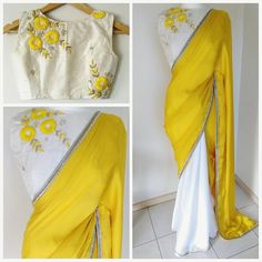 Plain Saree With Designer Blouse, Saree With Designer Blouse, Latest Blouse Designs, Boat Neck Blouse Design, Blouse Back Neck Designs, Plain Saree, Yellow Style, Salwar Kamiz