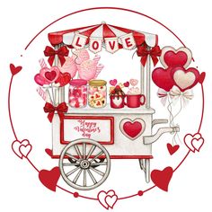 a valentine's day ice cream cart with hearts and balloons in the shape of heart