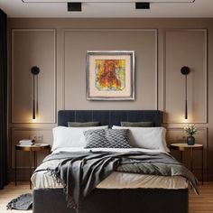 a large bed sitting in a bedroom next to two lamps and a painting on the wall