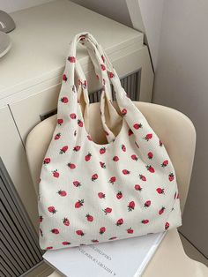 A Minimalist Fashion Large Capacity Strawberry Print Tote Bag With Open Mouth Opening And Lightweight Soft-Sided Shoulder Bag. Suitable For Women's Daily Casual Commuting And Student Classroom Use, Trendy & Cute Strawberry Purse White Fashionable   Polyester Animal,Colorblock,Striped,Fruit&Vegetable,All Over Print,Textured Pattern Shoulder Tote Bag   Women Bags, size features are:Bust: ,Length: ,Sleeve Length: Shein Tote Bags, Tote Bags Aesthetic, Cute Totes, Strawberry Clothing, Shein Bags, Strawberry Tote Bag, Strawberry Bag, Side Bags For Women, Hobo Bag Patterns