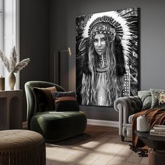 a living room filled with furniture and a large painting on the wall above it's head