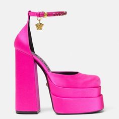 Authentic Versace Platform Heels. Selling Because I Only Wore Them Once In 2 Years. Making Rooms For New Items. Versace Pumps, Pink Platform Heels, Block Heel Platform Sandals, Catty Noir, Pink Platforms, Ankle Strap Block Heel, Platform Block Heels, Purple Shoes, Satin Pumps