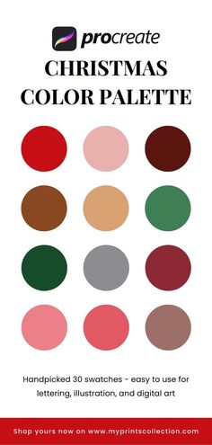 the procreate christmas color palette is shown in red, green, and brown