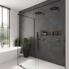 a bath room with a tub and a plant in the corner on the wall next to it