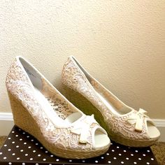 New - Never Worn Kelly & Katie Size 11 Cream Belinda Peep Toe Wedges. Great Summer Shoe - (I Wore Out My Black Ones). Still Wrapped And In The Original Box. Spring High Heel With Lace Trim, Spring High Heels With Lace Trim, Summer Lace Open Toe Heels, White Lace Heels For Summer, Elegant Heels With Lace Trim, Elegant Heels With Lace Trim And Fitted Design, Elegant Fitted Heels With Lace Trim, Fitted Lace Heels For Spring, Spring Wedding Wedge Heels