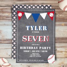 a baseball themed birthday party is set up on a wooden table with balls and pennants