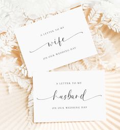 two wedding cards with the words, a letter to my wife on their wedding day