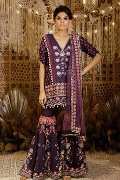 Shop for Archana Kochhar Purple Raw Silk Floral Embroidered Kurta Sharara Set for Women Online at Aza Fashions Purple Sharara, Archana Kochhar, Print Mirror, Kurta And Sharara, Kurta Sharara Set, Kurta Sharara, Resham Work, Georgette Dupatta, Gota Work