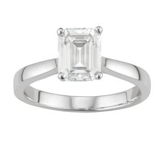 You'll adore the sleek style of this 14k white gold moissanite emerald-cut solitaire ring. RING DETAILS Width: 9.4 mm. Metal: rhodium-plated 14k white gold Includes: gift box & warranty card By Charles & Colvard  STONE DETAILS Stone type: lab-created moissanite Total weight diamond equivalent:Â 2 1/2 ct. Cut: emerald Setting: prong  Diamond equivalent carat (ct.) Total Weight (T.W.) represents the approximate total weight of diamonds of equivalent appearance.Please note, due to the Timeless Moissanite Emerald Ring With Brilliant Cut, Timeless Emerald Ring With Prong Setting, Timeless Emerald Ring With Prong Setting For Formal Events, Timeless Solitaire Emerald Ring With Round Cut, Classic Emerald Ring With Center Stone, Timeless Formal Emerald Ring, Gia Certified, 14k White Gold Jewelry With Classic Cut, Classic Moissanite Emerald Ring, Timeless White Emerald-cut Diamond Ring