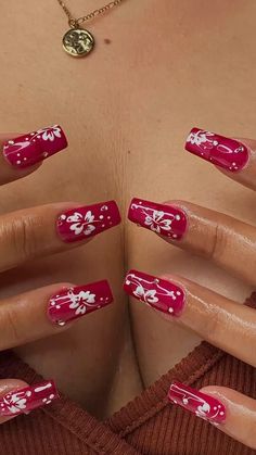 Red Floral Nails Acrylic, Red Funky Nails, Hawaiian Nails, Shorter Nails, Material Gworl, Summery Nails, Simple Acrylic Nails, Cute Summer Nails, Burgundy Nails