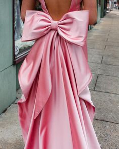 Prom Dress With Big Bow, Pink Dress With Bow On Back, Prom Dress With Bow On Back, Prom Dresses With Bows, Prom Dresses For Big Bust, Bow Prom Dress, Prom Dress With Bow, Pink Satin Prom Dress, Dress With Back Bow