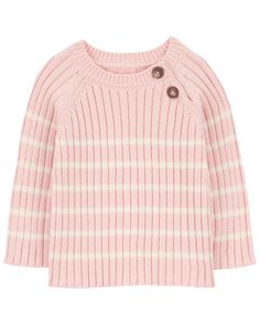 Pink Baby Striped Ribbed Sweater Knit Top | carters.com Winter Striped Tops With Ribbed Neckline, Cozy Striped Ribbed Tops, Winter Striped Sweater With Ribbed Neckline, Striped Ribbed Knit Tops, Striped Ribbed Sweater For Winter, Spring Striped Sweater With Ribbed Collar, Cute Striped Long Sleeve Sweater, Cozy Striped Ribbed Sweater, Winter Striped Ribbed Top