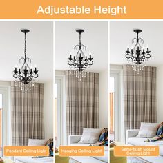 four different views of a chandelier hanging from the ceiling in a living room