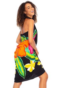 Generously sized, this black Hand-Painted Hibiscus Sarong Swim Cover Up is 73 x 46 inches; great for use as a quick-drying beach blanket or pareo beach wrap Sarong beach cover up includes a natural coconut shell sarong clip for easy tying and an authentic island look; just pull the fabric edges through and cinch to fit Silky soft rayon breathes well and stays cool on the skin, in a gorgeous hand-painted motif that takes you straight to the islands; no running or fading High-quality fabric drapes Sarong Clip, Sarong Wrap Skirt, Pareo Dress, Black Sarong, Sarong Swimsuit Cover, Sleeveless Kimono, Sarong Dress, Sarong Wrap, Loungewear Dresses