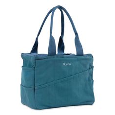 a teal colored tote bag with two handles and zippers on the front