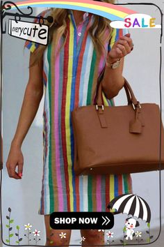 Rainbow A-line Shirt Dress Multicolor A-line Dress For Work, Spring Mini Dress With Placket, Summer Knee-length Dress With Placket, Spring Vacation Dresses With Placket, Trendy Summer Shirt Dress For Office, Casual Striped Shift Dress, Trendy Summer Office Shirt Dress, Multicolor Shirt Dress For Summer, Striped Collared Mini Dress For Summer