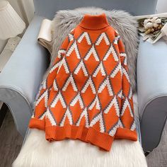 Style: commuting Size: one size Color: blue, orange Argyle Sweaters, High Neck Sweaters Women, Korean Fashion Winter, The Cardigans, Harajuku Outfits, Geometry Pattern, Winter Pullover, Ladies Turtleneck Sweaters, High Neck Sweater