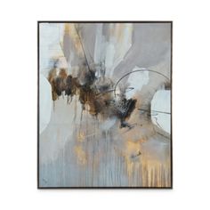 an abstract painting with brown, beige and white colors on the wall in front of a black frame