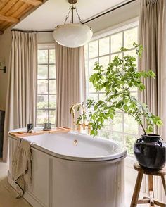 a bath tub sitting next to a window with curtains on both sides and a potted plant in the corner