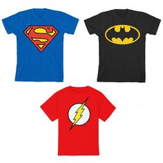 Save the day in style with this 3-pack of DC t-shirts. The shirts come in red, royal blue, and black with images of The Flash, Superman, and Batman's logos. Crafted with high-quality cotton, these tees will keep little ones feeling comfy and cozy in rest and play. Embrace superhero style with this 3-pack of youth t-shirts. Superhero T Shirts, Superman Tshirt, Superhero Shirts, Superhero Tshirt, Super Hero Shirts, Kids Feelings, Superhero Fashion, Superman T Shirt, Superhero Shirt