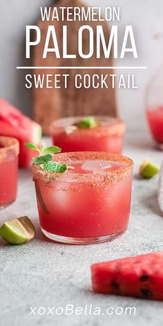 watermelon paloma sweet cocktail with lime garnish