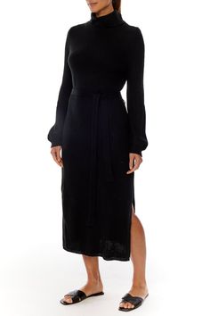 Midi length Tie waist Turtleneck Balloon sleeves Side slits Fabric: 100% ACRYLIC Care: Hand wash in cold. Do not bleach. Line dry. Iron low heat. Long Balloons, Long Sleeve Sweater Dress, Contemporary Outfits, Leather Dresses, Balloon Sleeves, Sleeve Sweater, New Shop, Sweater Jacket, The Label